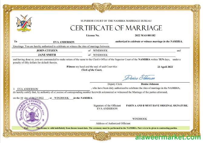 Namibia marriage certificate Word and PDF template